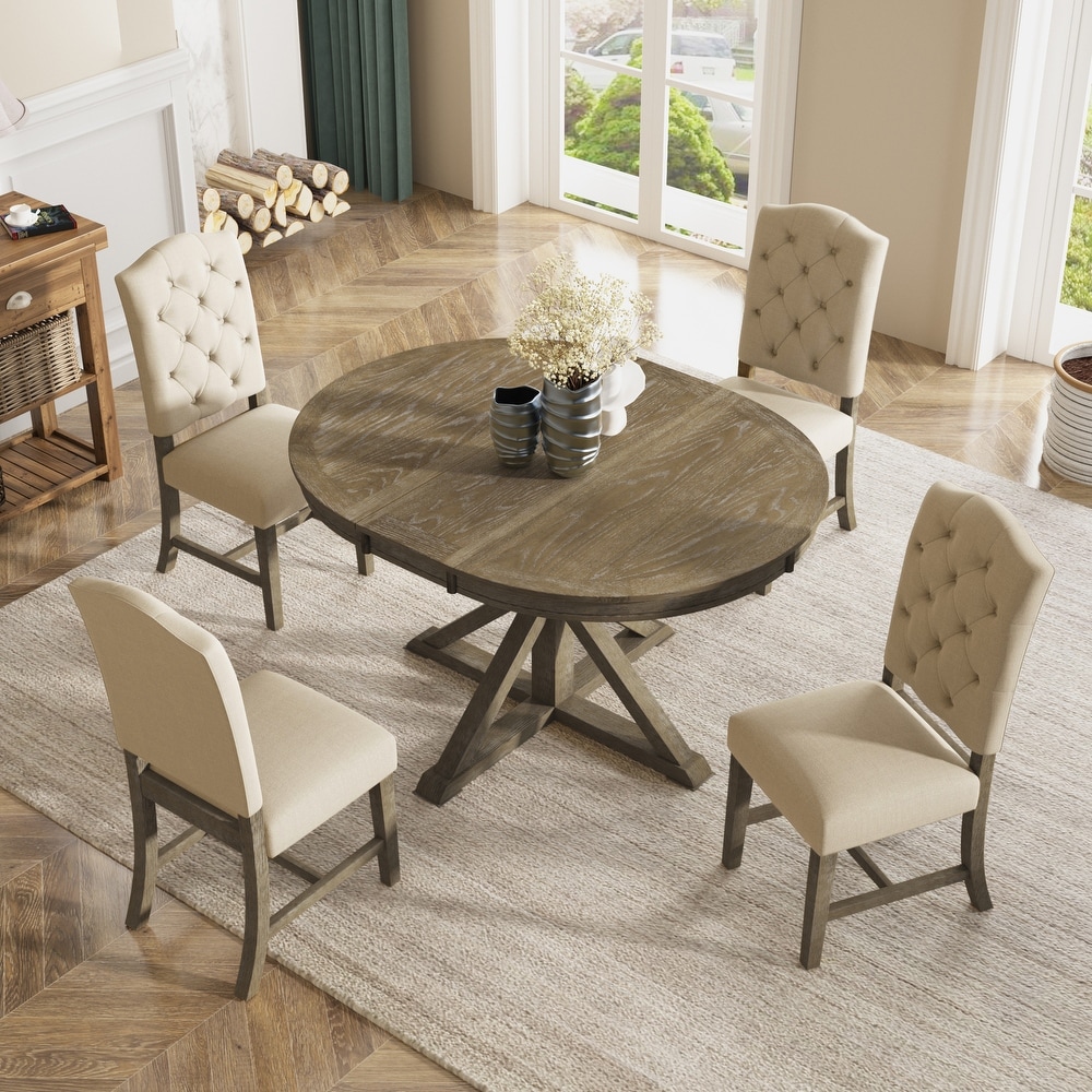 X Cross Leg Round Dining Table Set Wooden Extendable End Table with 4 Upholstered Chairs for Dining Room   Living Room Bistro