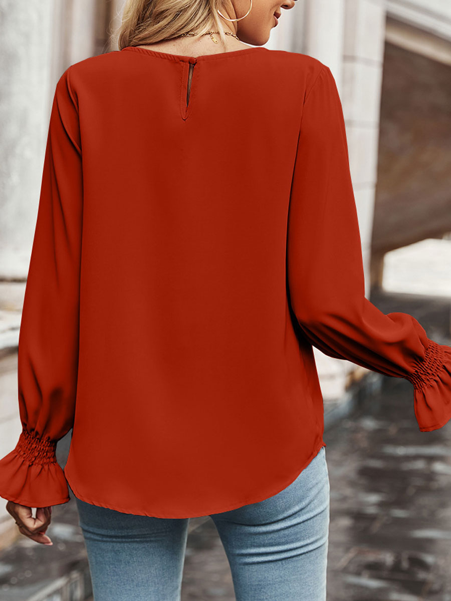 Round Neck Casual Loose Solid Color Long Sleeve Blouse