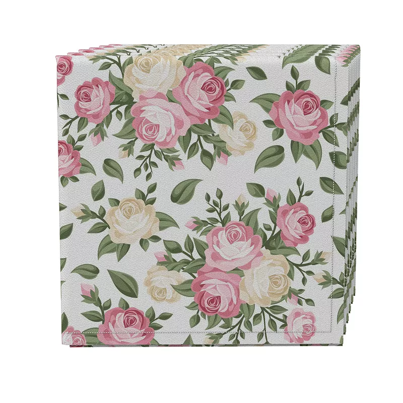 Napkin Set of 4， 100% Cotton， 20x20， White and Pink Rose Bunches