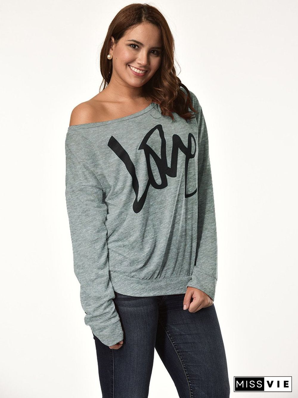 Letter Printed Love One Shoulder Sweatshirt