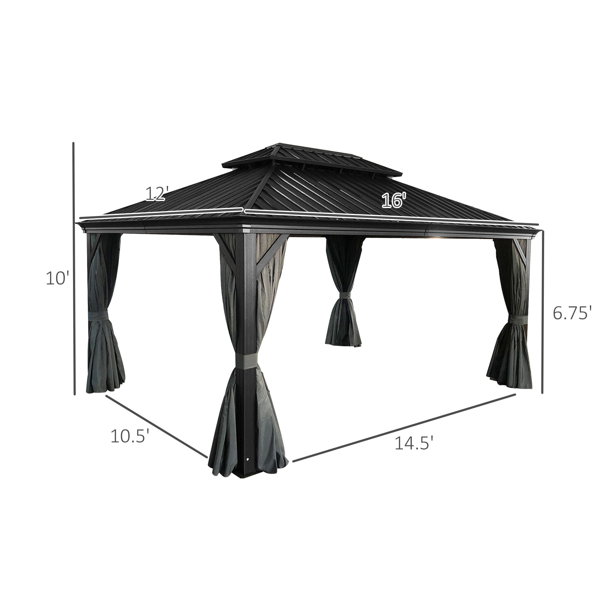 Outsunny 12' x 16' Hardtop Gazebo Canopy with Galvanized Steel Double Roof, Aluminum Frame, Permanent Pavilion Outdoor Gazebo with Netting and Curtains for Patio, Garden, Backyard, Deck, Lawn, Gray