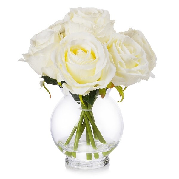 Enova Home Artificial Silk Roses Fake Flowers Arrangement in Clear Glass Vase with Faux Water for Home Office Decoration