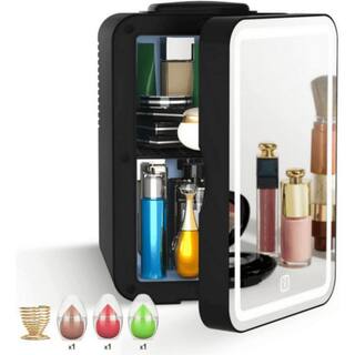 Kahomvis 7.5 in. 0.2 cu.ft. Portable Beauty Makeup Skincare Mini Refrigerator in Black with 3 Makeup Sponge LED Mirror ISA-LKD0-MFV