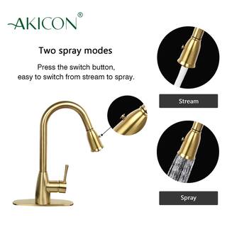 Akicon One-Handle Brushed Gold Pull Down Kitchen Faucet with Deck Plate Soap Dispenser and Air Gap Cap AK96455BTG-S2DA