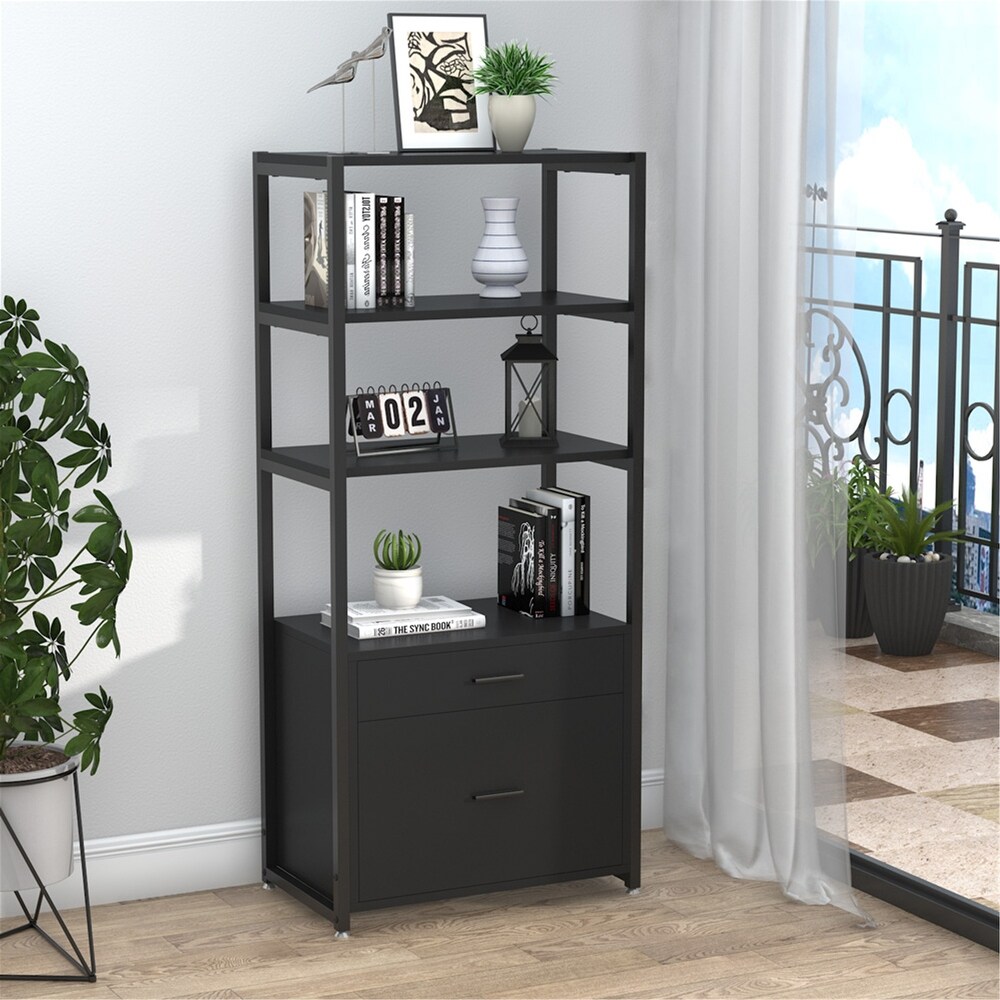 Bookcase Bookshelf  4 Tier Modern File Cabinet with 2 Drawers