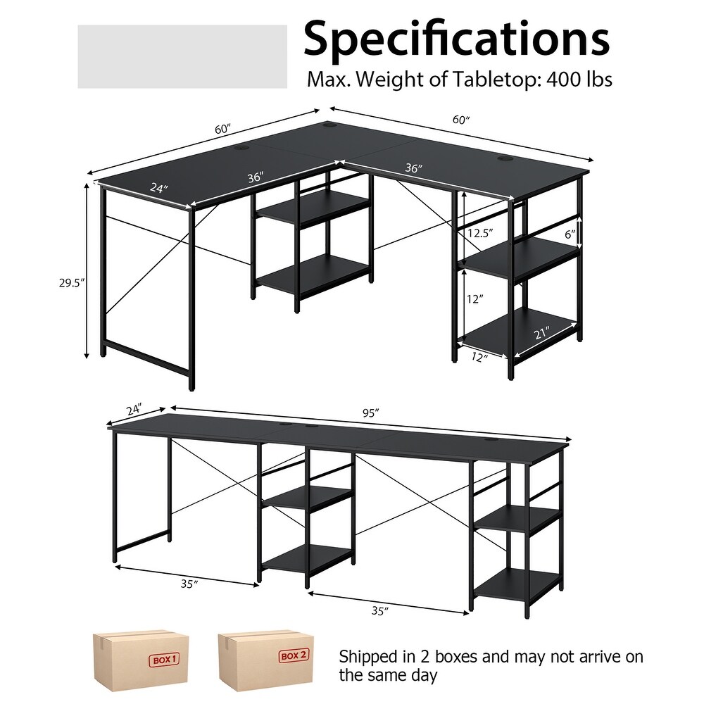 Costway 95'' Convertible L shaped Corner Computer Desk 2 Person Long