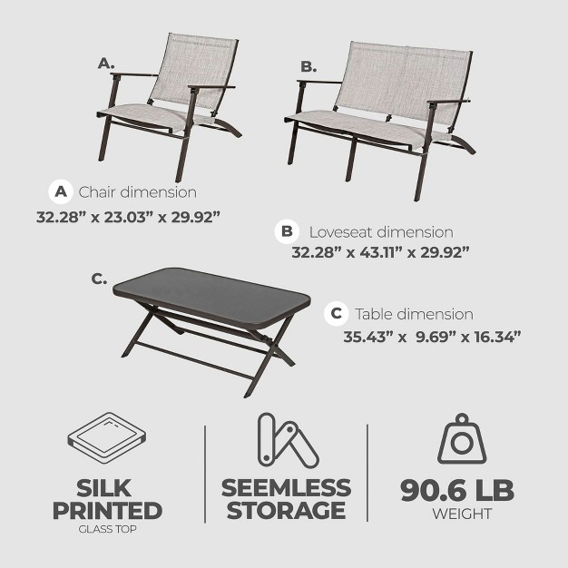 Four Seasons Courtyard Novara 4 Piece Steel Folding Outdoor Conversation Set With 2 Folding Chairs 1 Loveseat And 1 Table Tan espresso