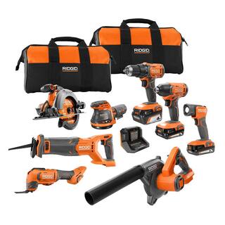 RIDGID 18V Cordless 8-Tool Combo Kit with (2) 2.0 Ah Batteries (1) 4.0 Ah Battery Charger and Bag R96258