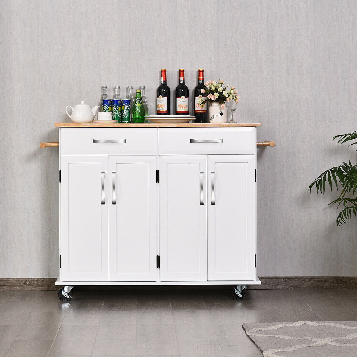 Costway Kitchen Trolley Island Utility Cart Wood Top Rolling Storage Cabinet Drawers White