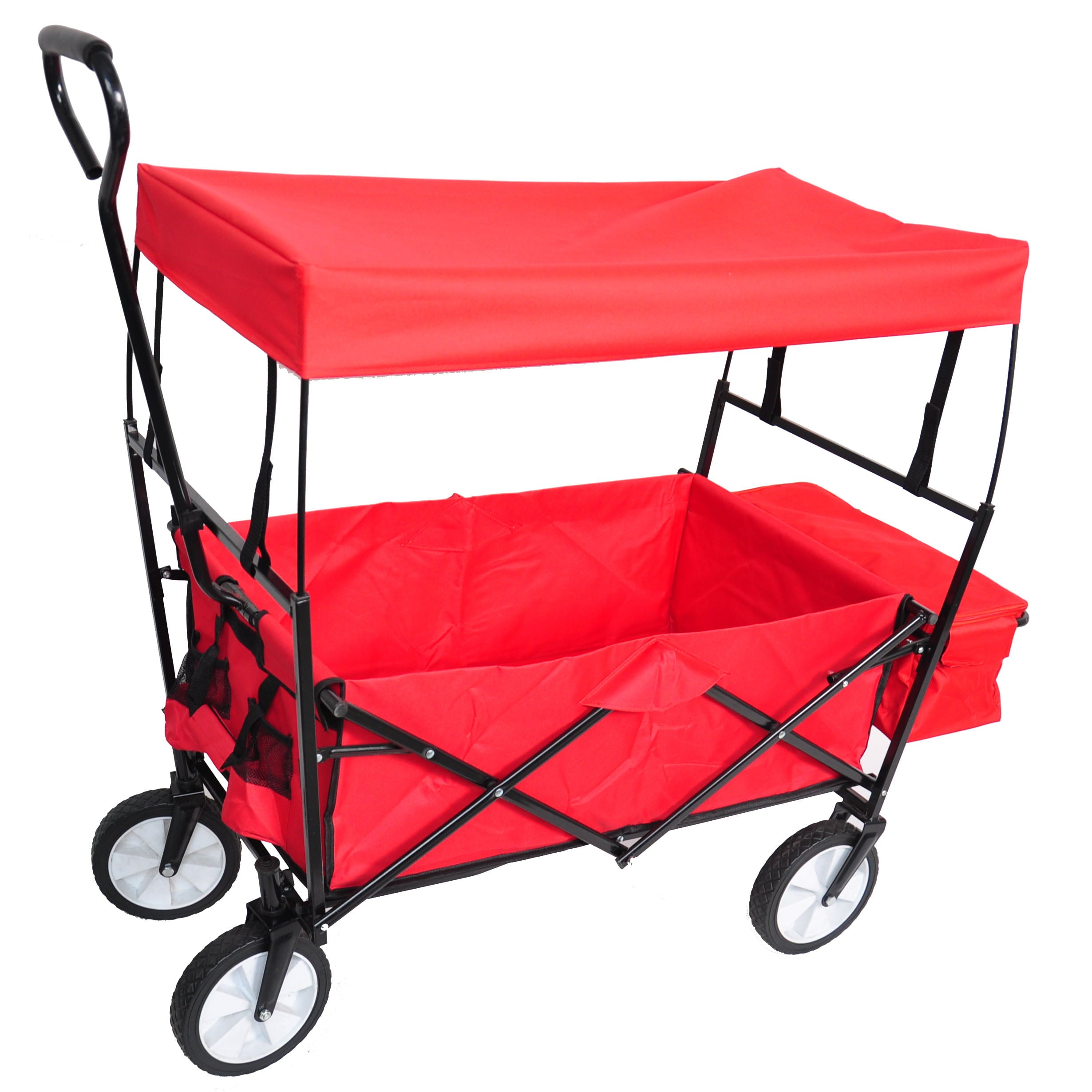 TOPCHANCES Collapsible Wagon Camping Garden Cart with Removable Canopy, Folding Wagon with Adjustable Push Handles for Shopping, Picnic, Beach, Camping, Sports (Red)