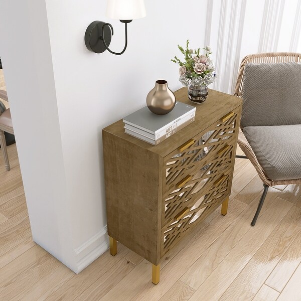 Wooden Storage Cabinet with 3 Drawers， Vintage Mirrored Cabinet in Natural - - 37857280