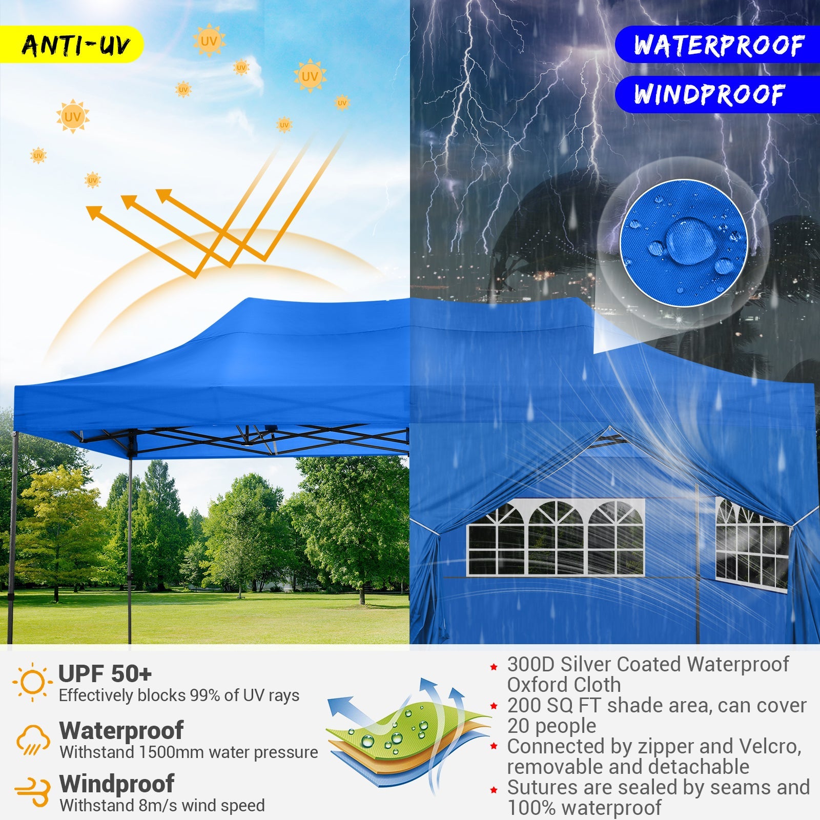 10'x20' Pop Up Canopy Waterproof Folding Tent Outdoor Easy Set-up Instant Tent Heavy Duty Commercial Wedding Party Shelter with 6 Removable Sidewalls, 6 Sandbags, Roller Bag, Blue