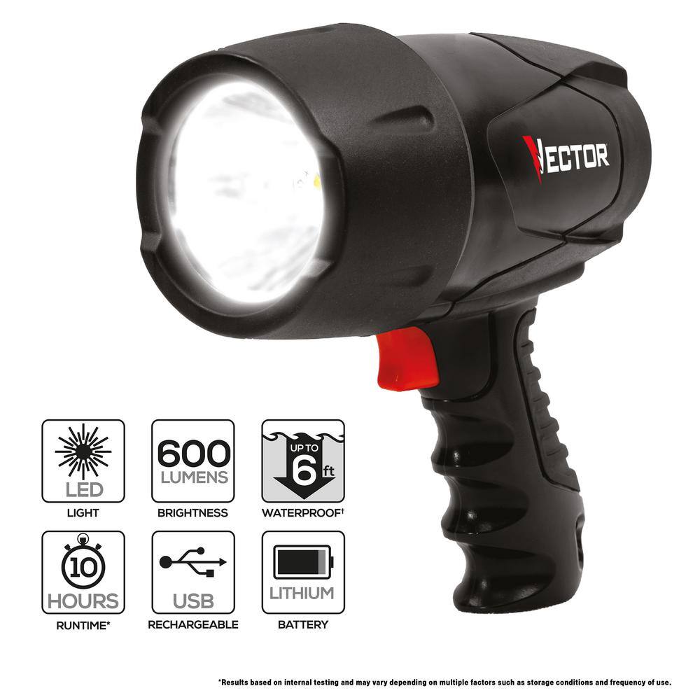 VECTOR 600 Lumen LED Waterproof Handheld Spotlight Rechargeable Includes 120V AC Home Charger and 12V DC Car Charger FL5W10V