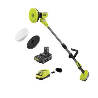 RYOBI ONE+ 18V Cordless Telescoping Power Scrubber Kit with 2.0 Ah Battery and Charger and 6 in. Sponge Hook and Loop Kit P4500K-A95HLK