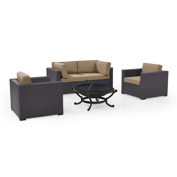 Biscayne 4 Person Outdoor Wicker Seating Set in Mocha - Two Armchairs， Two Corner Chair， Ashland Firepit