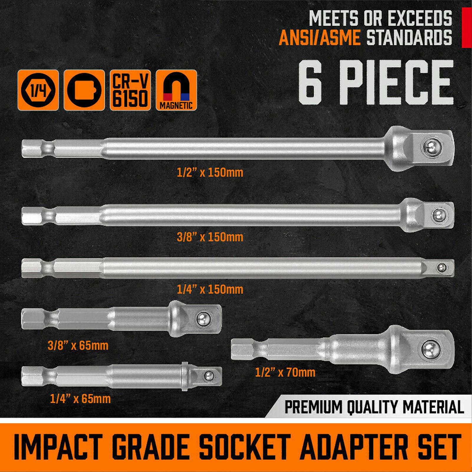 6pcs 6'' and 3'' Impact Grade Socket Adapter Set 1/4'' 3/8'' 1/2'' Drive 1/4'' Hex Shank No.229475