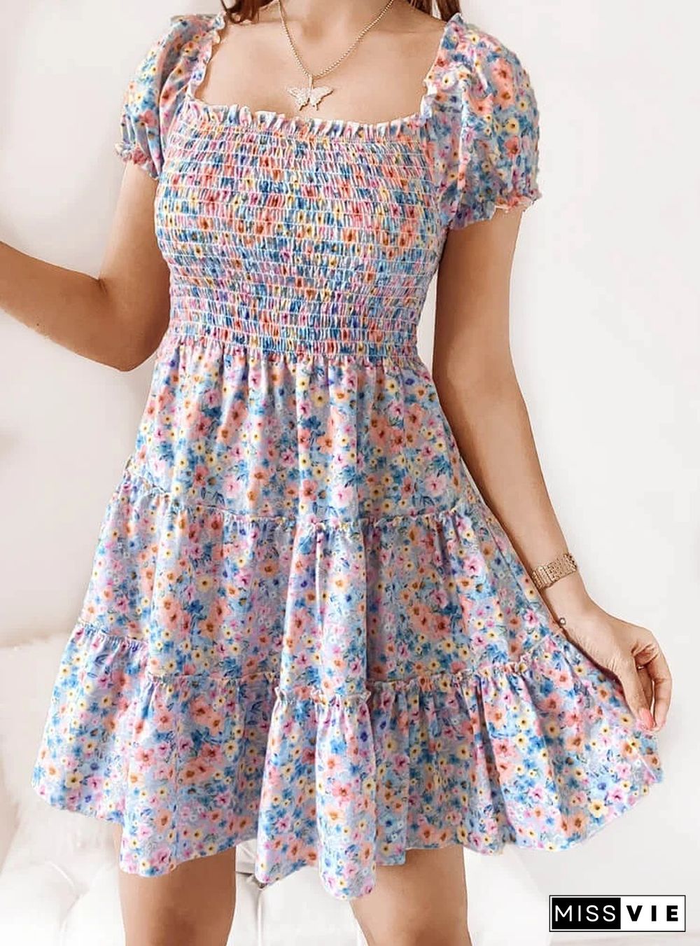 New Mini Dress Summer Beach Fashion Dress Women Short Puff Square Collar Folds Flower Print Ruched Sexy Vacation Party Sundress