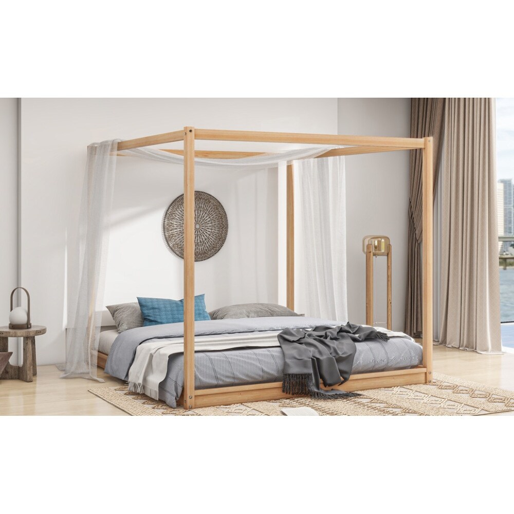 King Size Canopy Bed  Wooden Platform Bed  Modern Style Canopy Platform Bed  Luxury Large Bed Frame