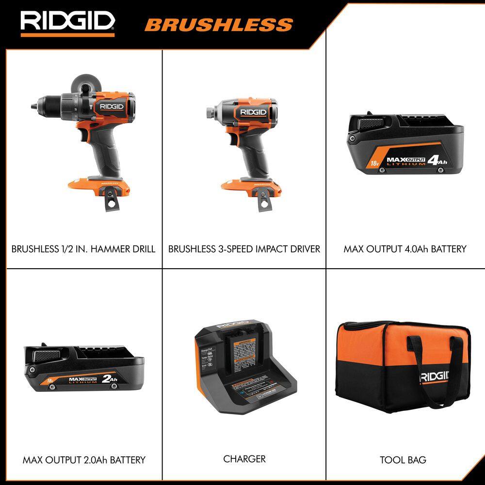 RIDGID 18V Brushless Cordless 2-Tool Combo Kit with Hammer Drill Impact Driver (2) Batteries Charger and Bag R9208