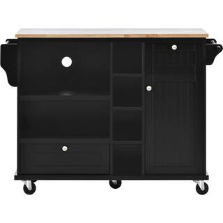 Tileon Black Kitchen Island Cart With Microwave Storage Cabinet Solid wood top 2-Locking Wheels Buffet Server Sideboard AYBSZHD2019