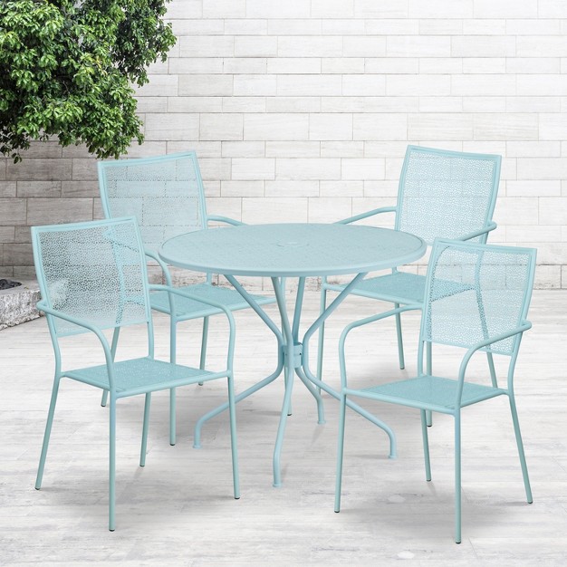 Round Indoor outdoor Steel Patio Table Set With 4 Square Back Chairs