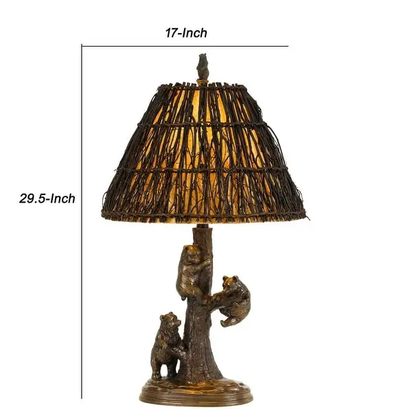 150 Watt Resin Body Table Lamp with Bear Design and Twig Shade， Bronze