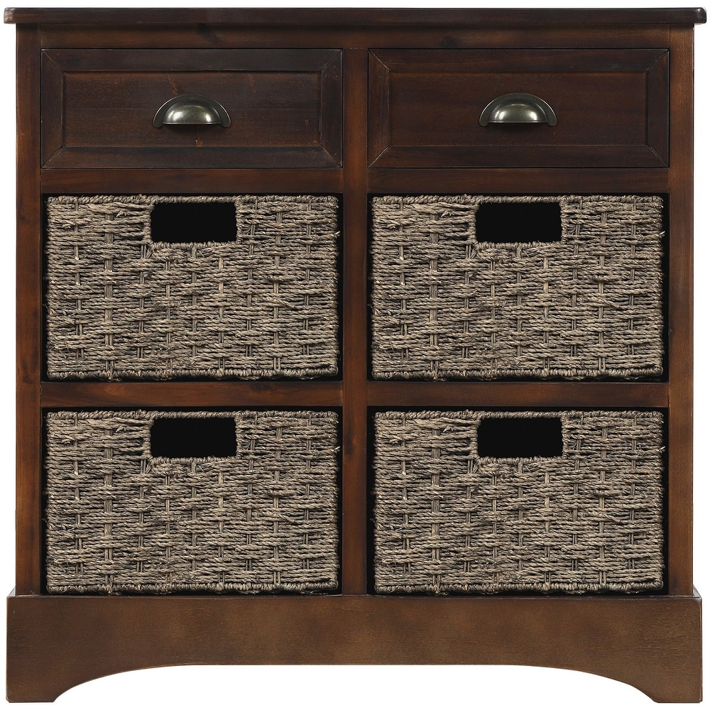 Rustic Storage Cabinet Sideboard with Two Drawers and Four Classic Rattan Basket for Dining Room/Living Room