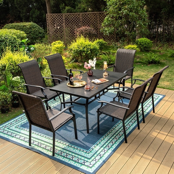 MAISON ARTS Outdoor Patio 7Piece Dining Set，1 Metal Table with an Umbrella Hole and 6 PE Rattan Chairs