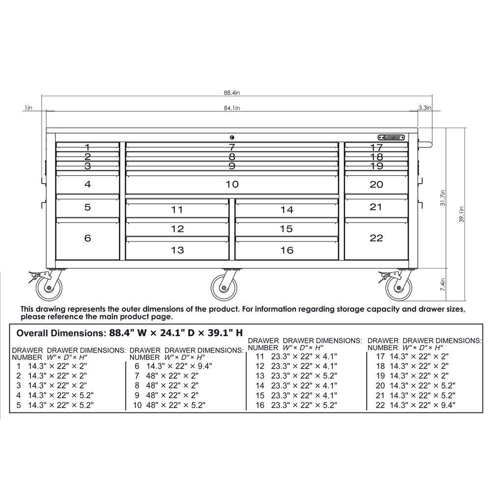 Husky HD 84 in. x 24 in. D 22-Drawer Matte Blue Mobile Workbench Cabinet HOTC8422BL2M