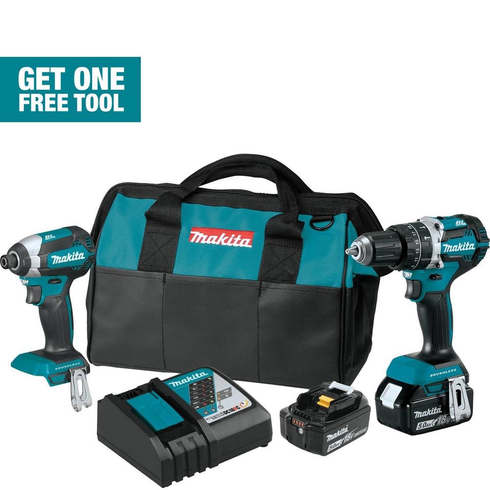 Makita 18V LXT Lithium-Ion Brushless Cordless 2-Piece Combo Kit (Hammer Drill/ Impact Driver) 5.0 Ah XT269T