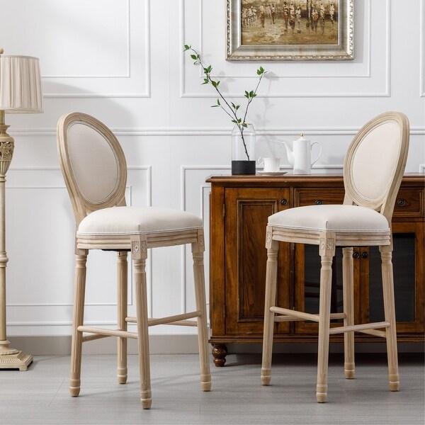 French Country Wooden Barstools With Upholstered Seating ， Beige and Natural ，Set of 2