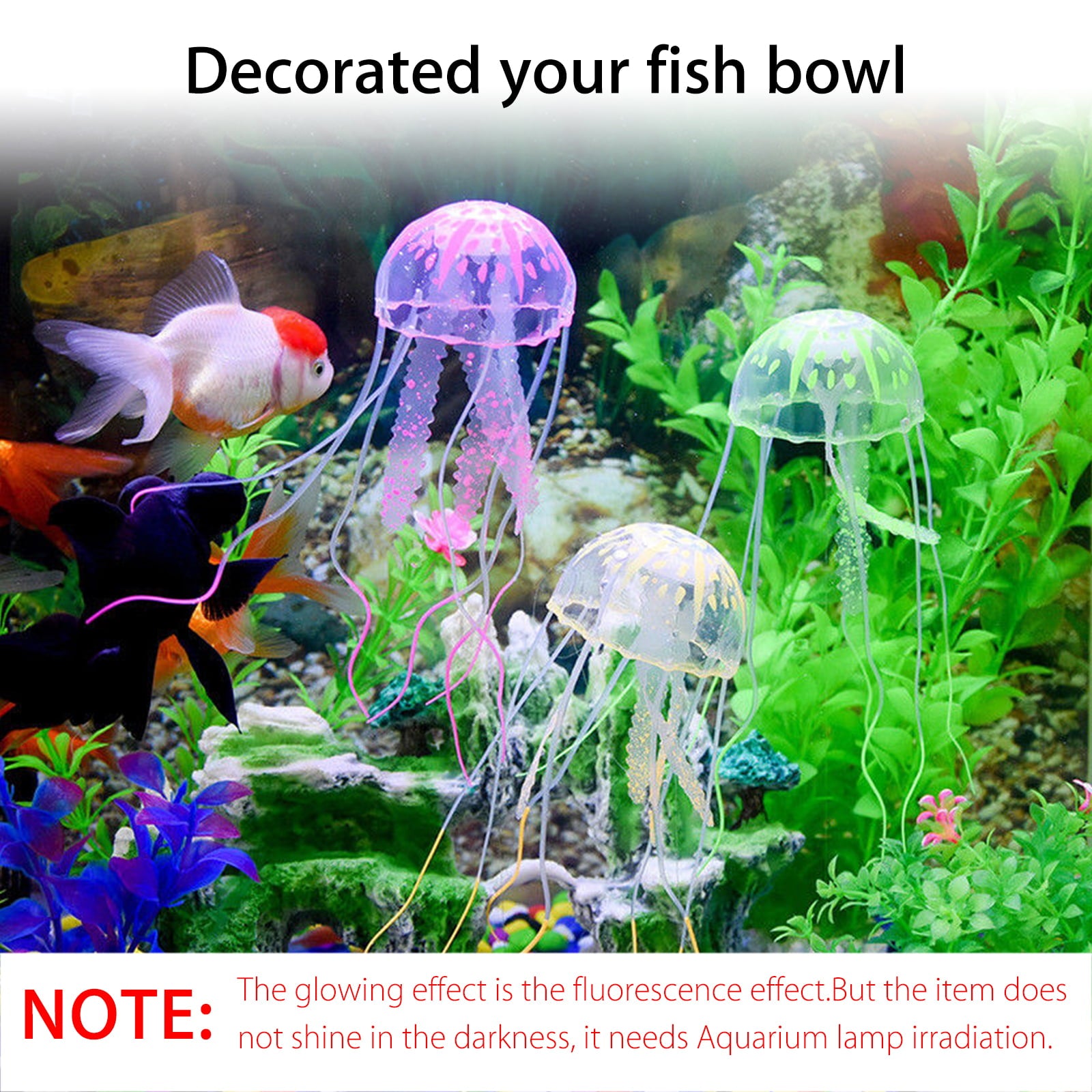 4pcs Jellyfish Aquarium Decorations， TSV Glowing Effect Artificial Jellyfish Aquarium Decor， Fish Tank Ornament Silicone Decoration， Instant Suction Cup Installation