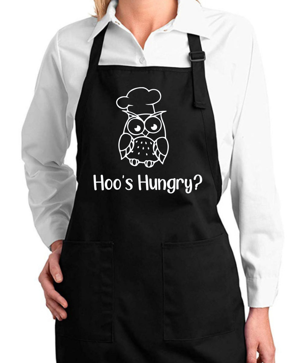 Wild Bobby， Hoo's Hungry Funny Owl Chef Pun | Unisex Kitchen Utility Cooking Apron， Black， Small