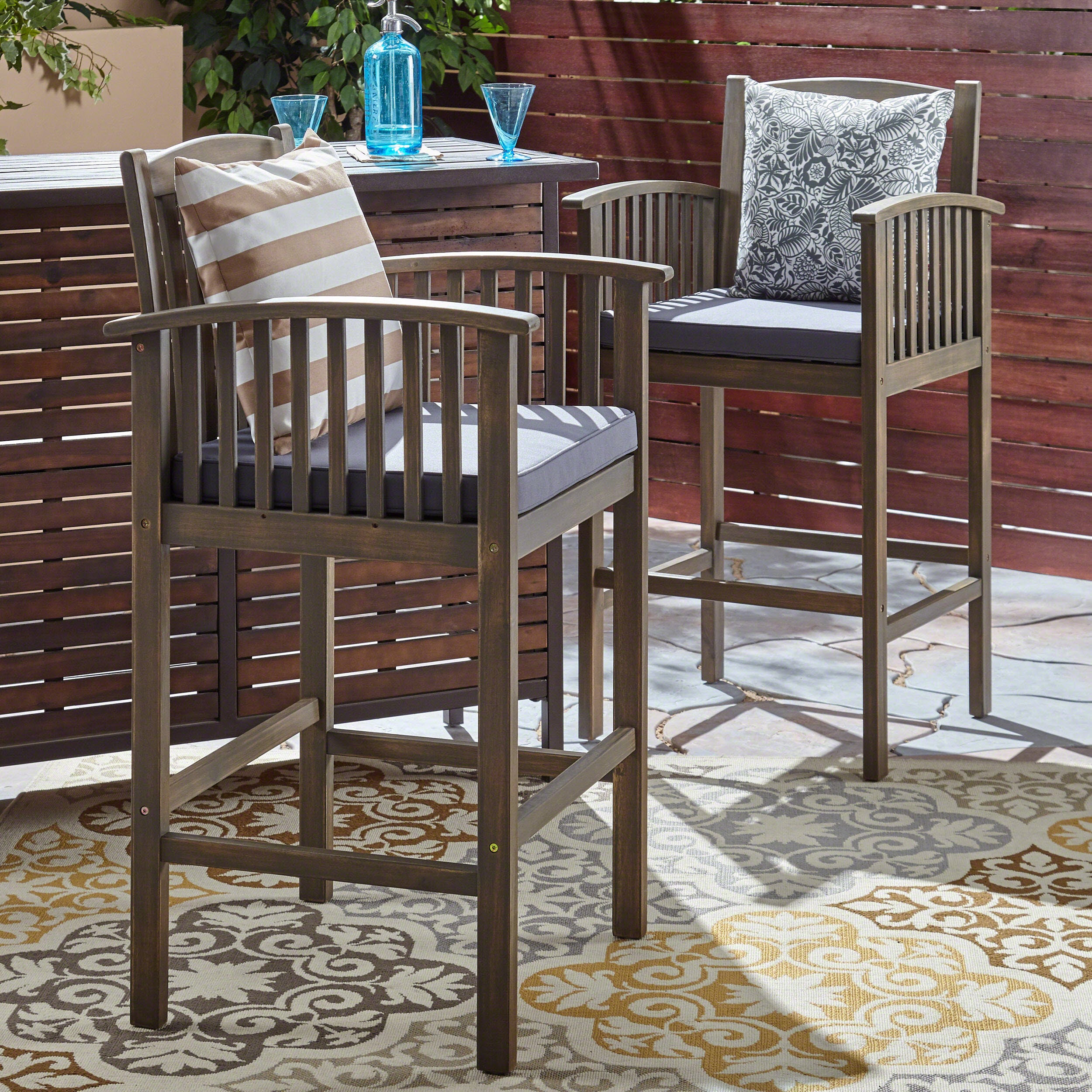 Grace Outdoor Acacia Barstools, Gray Finish and Dark (Set of 2)