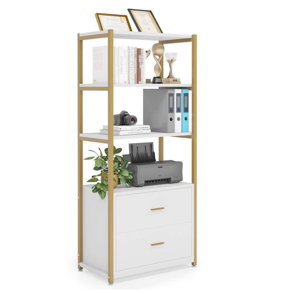 TRIBESIGNS WAY TO ORIGIN Kaduna 23.6 in. Wide White and Gold 4-Shelf Etagere Bookcase with 2-Drawers HD-F1568-WZZ