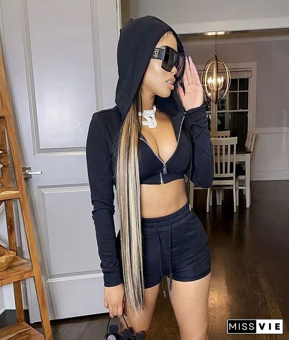 Zipper Hooded Sweatshirt Crop Top Shorts Tracksuit