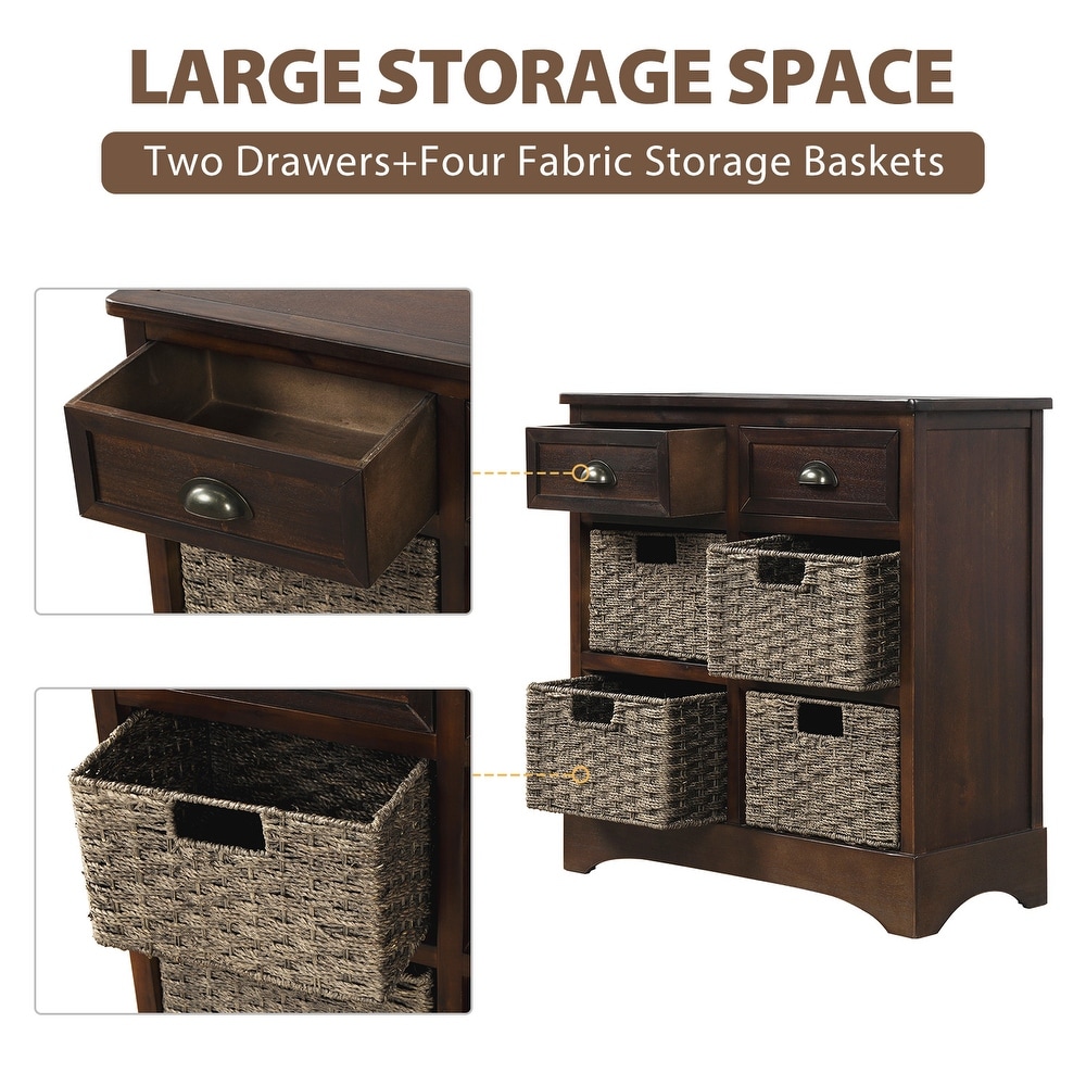 Rustic Storage Cabinet Sideboard with Two Drawers and Four Classic Rattan Basket for Dining Room/Living Room