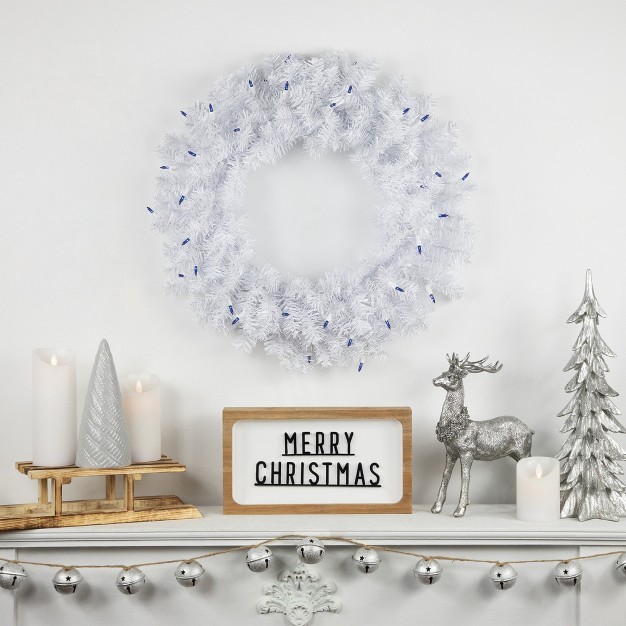 Northlight Pre lit Woodbury White Pine Artificial Christmas Wreath 24 inch Blue Lights