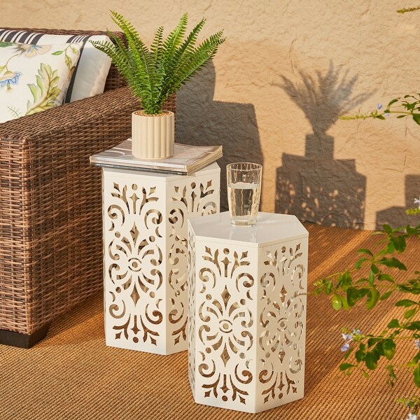 Glitzhome Set of 2 Iron Floral Pattern Outdoor Table Garden Stool