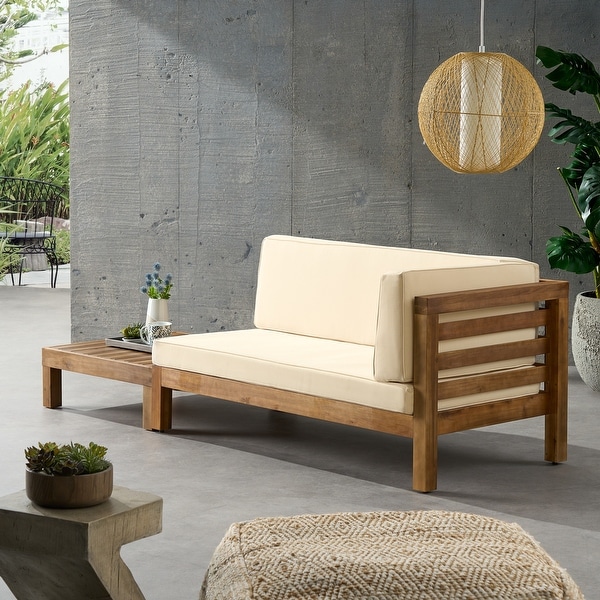 Oana Outdoor Acacia Wood Right Arm Loveseat and Coffee Table Set with Cushion by Christopher Knight Home