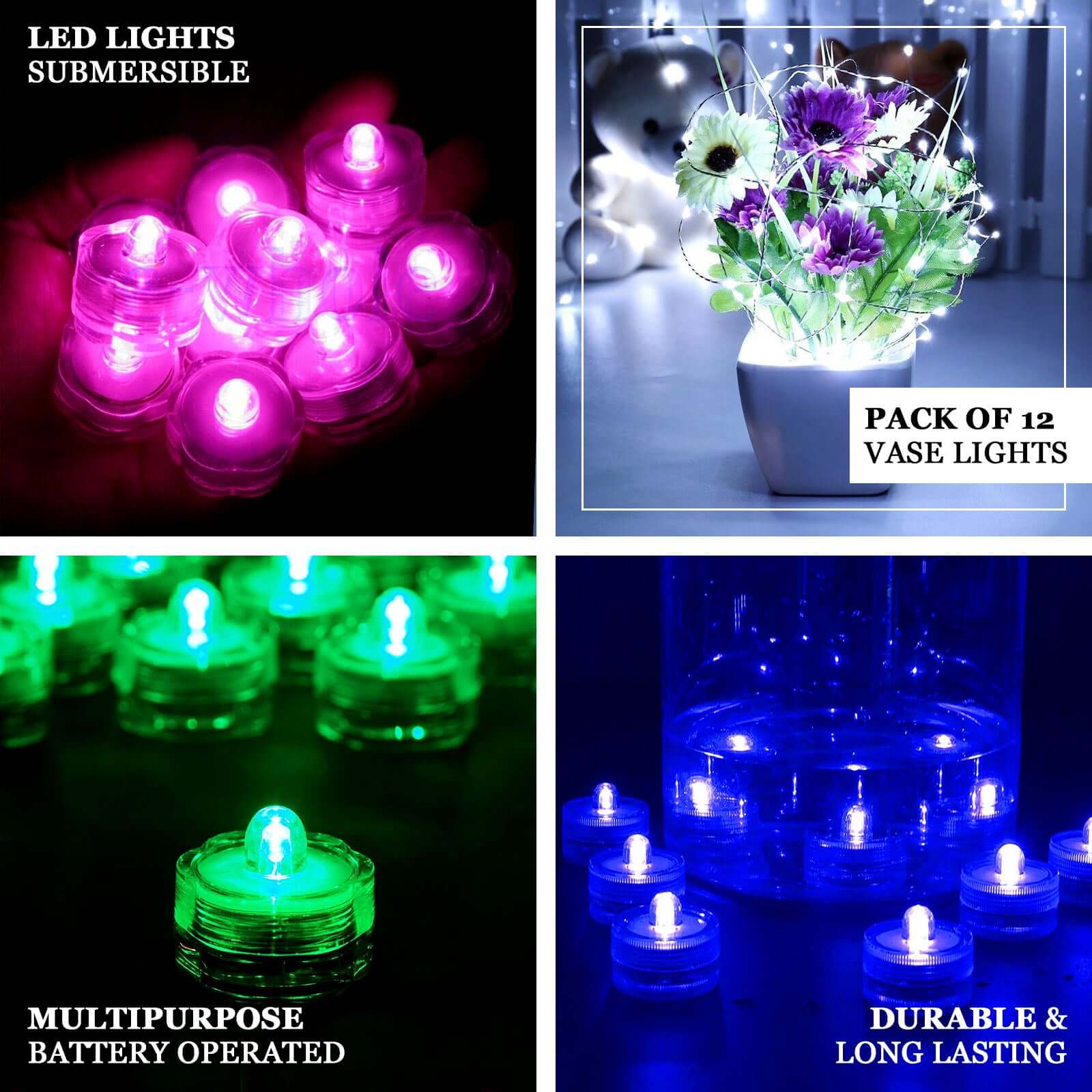 12 Pack Warm White Underwater Submersible LED Tealights, Battery Operated Waterproof Mini Lights