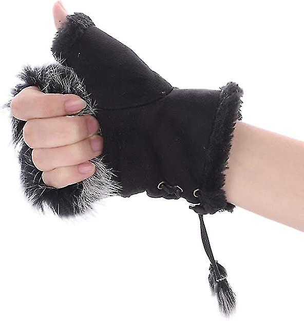 Womens Winter Faux Fur Leather Half Finger Gloves Fashion Warm Fingerless Mittens Fleece Lined Warmer Wrist Gloves Touchscreen Thicken Mittens With Ad