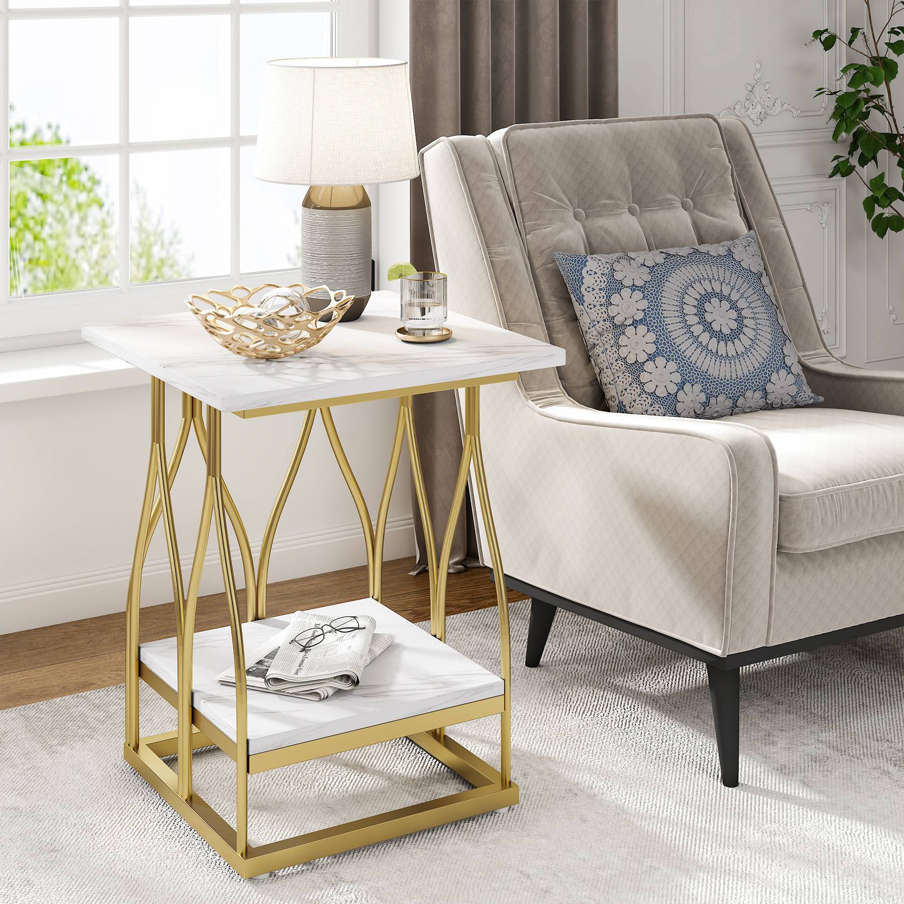 2-Tier End Table, Square Side Table Faux Marble Accent Table