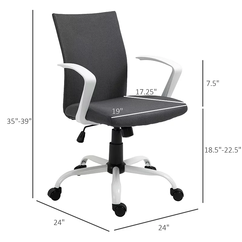 Vinsetto Office Chair Ergonomic Mid Back Swivel Linen Chair with Adjustable Height Wheels Raised Armrests and Rocking Function Light Grey