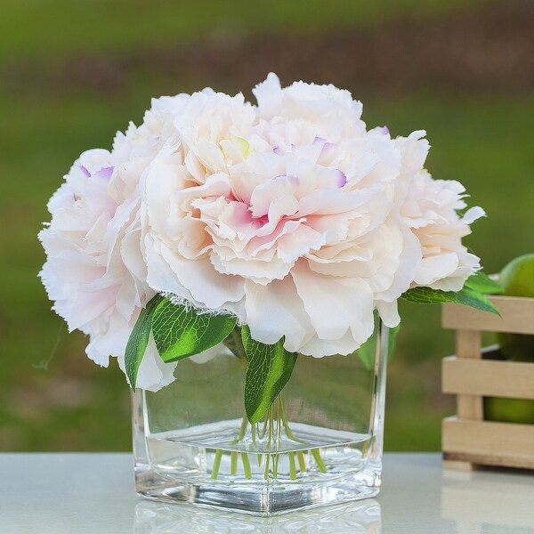 Enova Home Artificial Silk Peony Fake Flowers Arrangement in Cube Glass Vase with Faux Water for Home Wedding Decoration