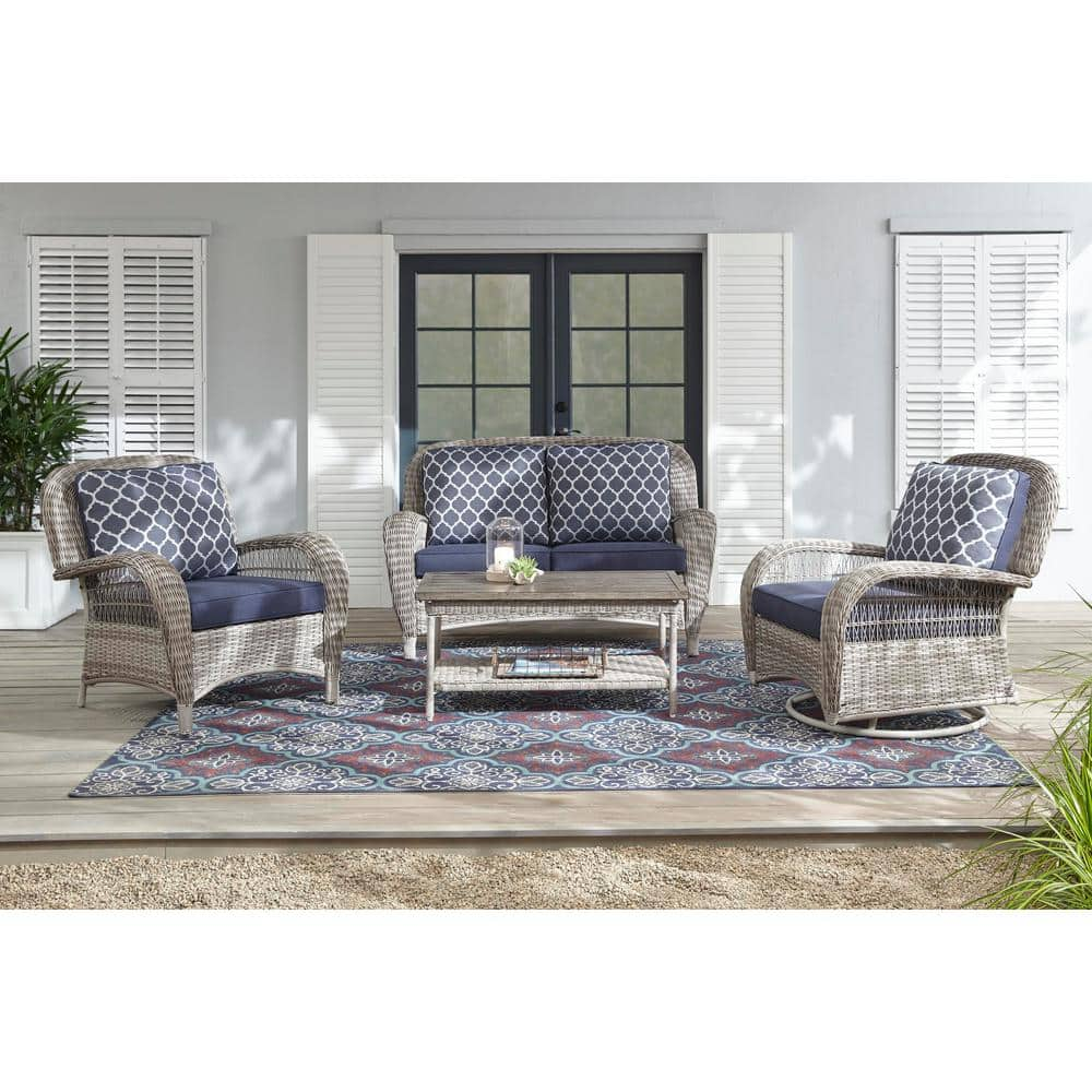 Hampton Bay Beacon Park Gray Wicker Outdoor Patio Loveseat with Standard Midnight Trellis Navy Blue Cushions FRS80812CL-G