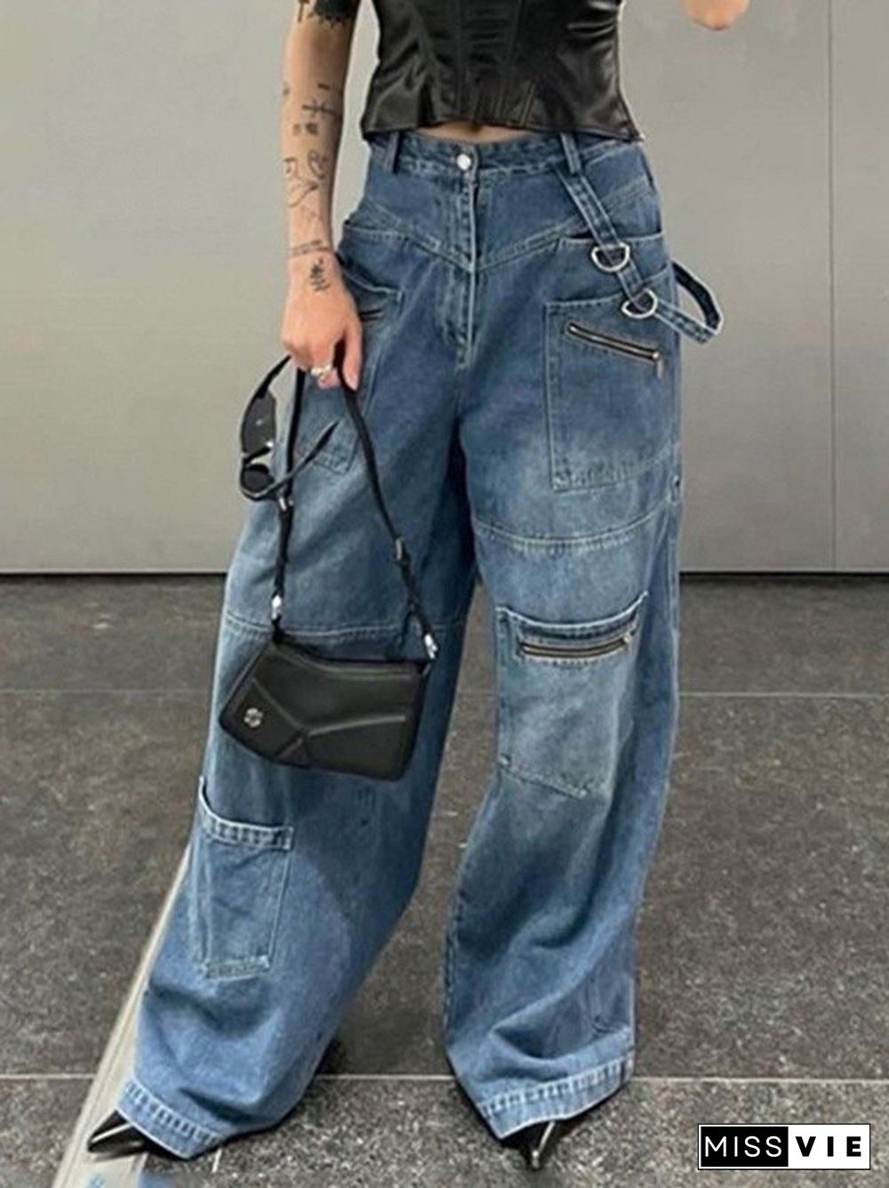 Patchwork Blue Wash Baggy Cargo Jeans