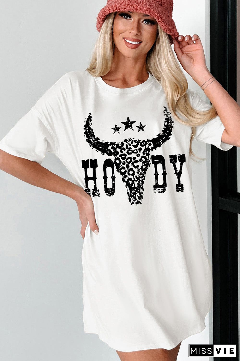 White HOWDY Cheetah Steer Head Print Oversized T Shirt