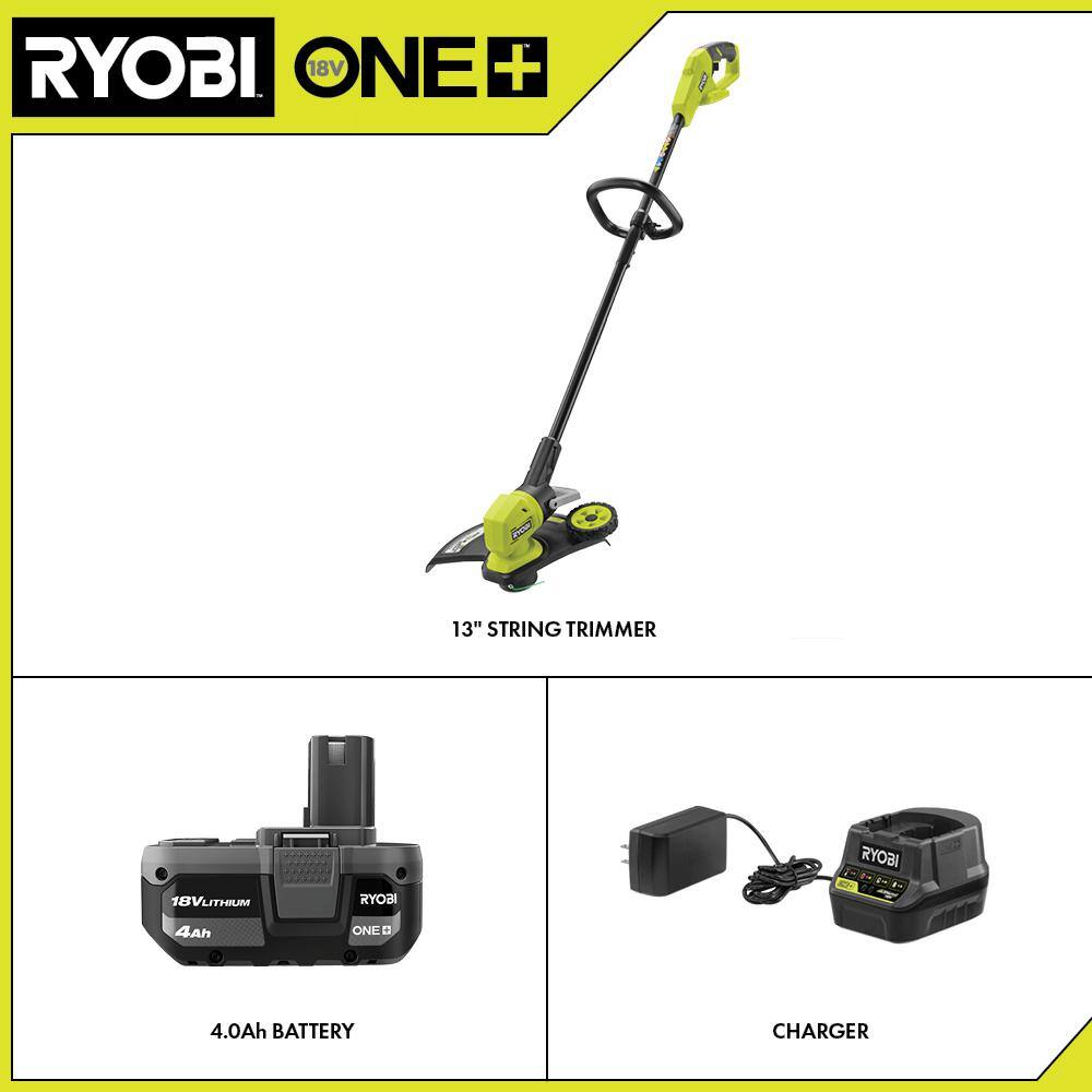 RYOBI ONE+ 18V 13 in. Cordless Battery String TrimmerEdger with 4.0 Ah Battery and Charger P20180