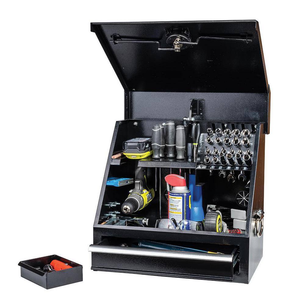 Montezuma 18 in. W x 12 in. D 1-Drawer Black Steel Portable Shop Triangle Tool Box Chest for Sockets Wrenches and Screwdrivers SB180DB